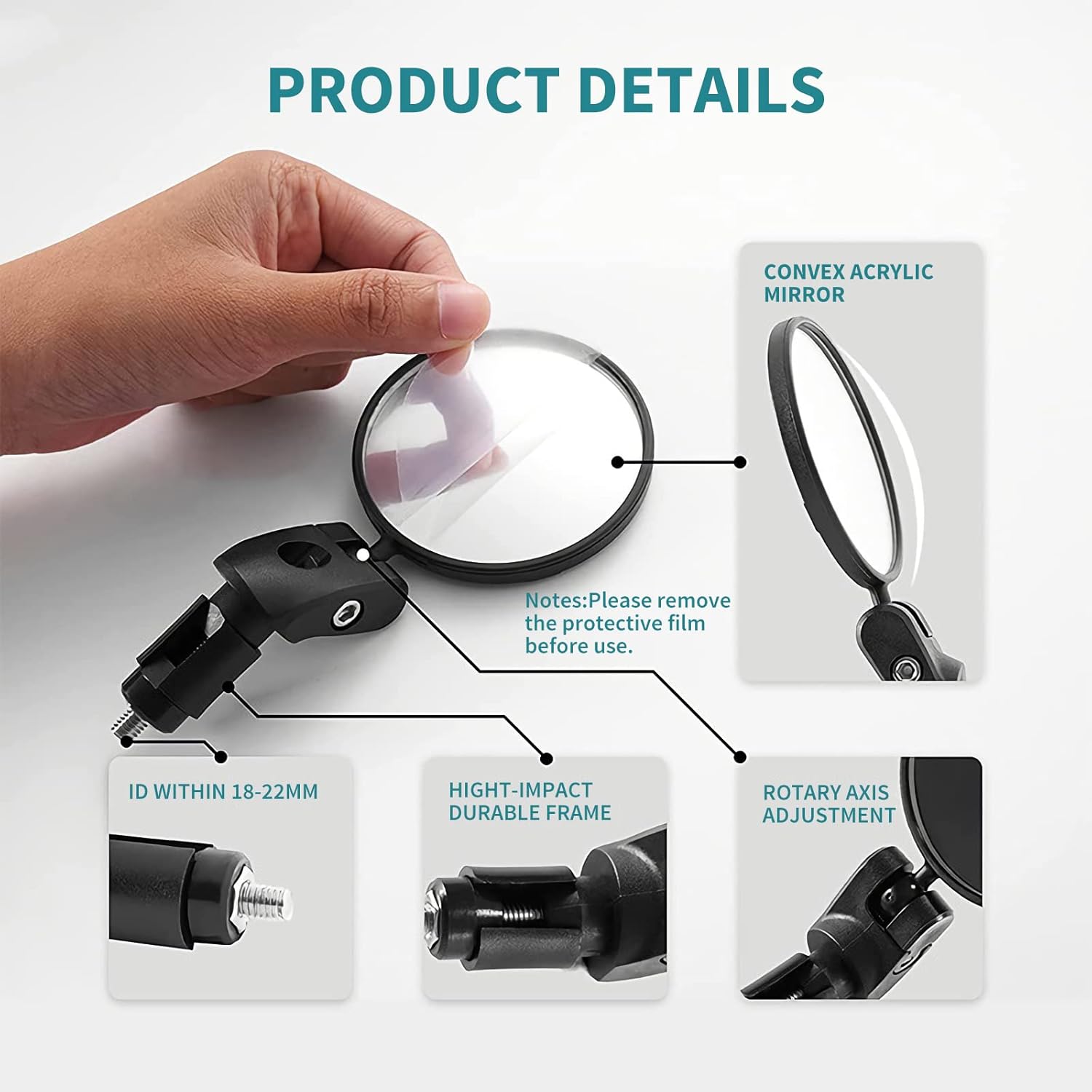 Bike Mirror, 2 Pcs 360˚ Rotatable Bar End Bicycle Mirrors for Handlebars, Wide Angle Convex Bike Mirrors Handlebar Rearview Mirror Bike Mirrors for Handlebar End Mount Mountain Road Adult Bike Cycling - Image 5