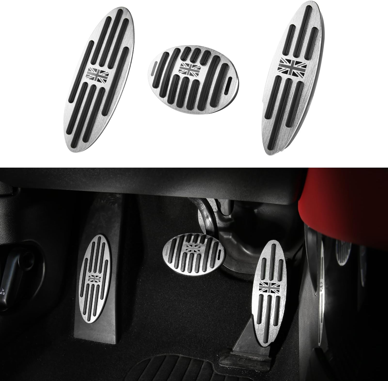 3pcs Compatible with MINI Cooper Accessories Sporty Anti-Slip Aluminum Foot Pedal Cover Pedals Pads Car Interior Pedal Replacement -Gray Flag Style