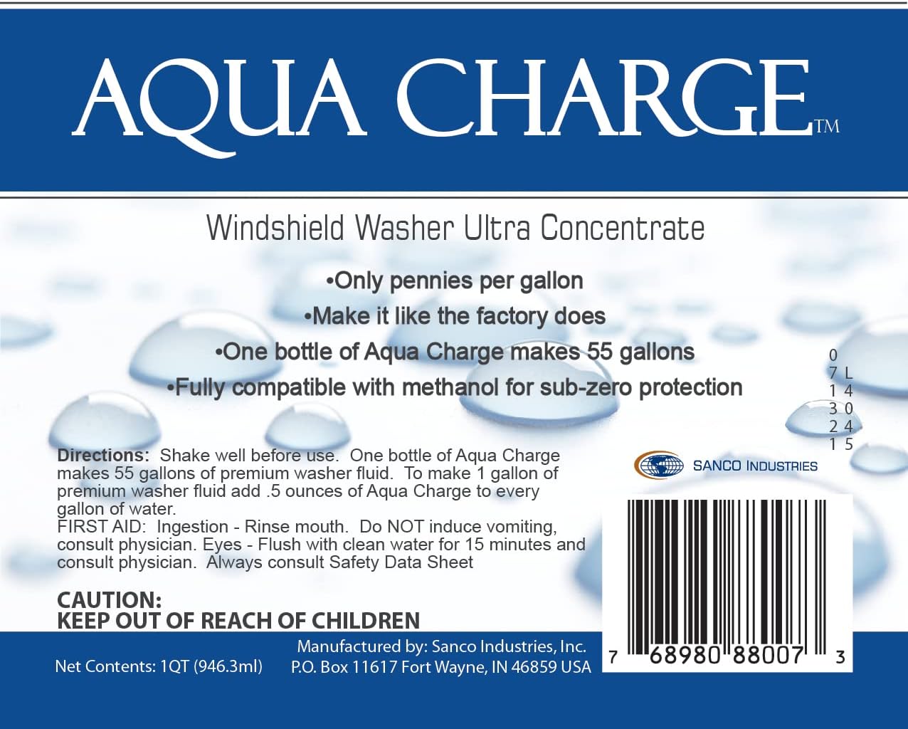 Sanco Industries Aqua Charge - Windshield Washer Fluid Ultra Concentrate, 1 Bottle Makes 55 Gallons - 32 Ounces (Pack of 4)