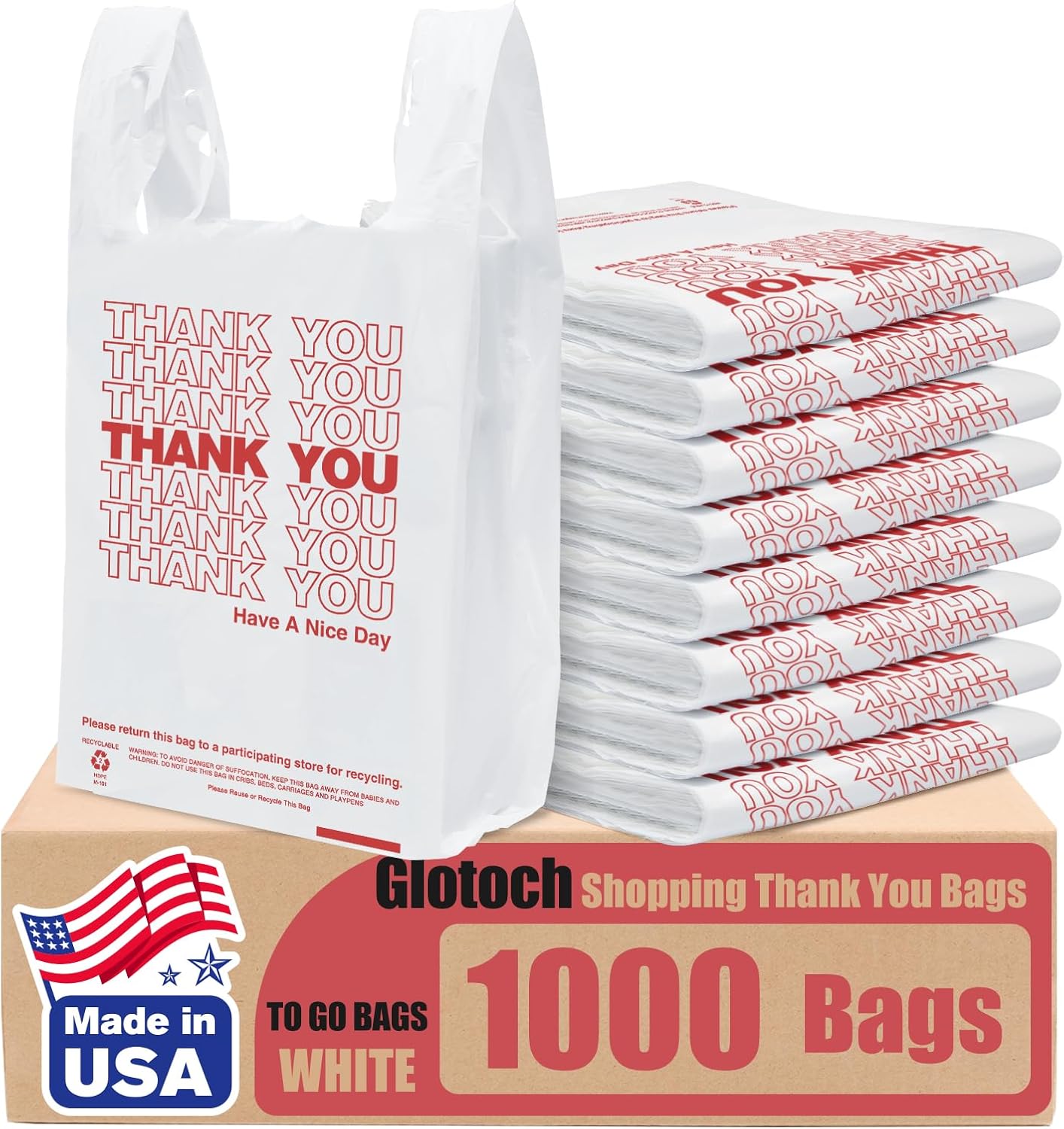 Glotoch Plastic Thank You Bags 1000 Count, 12″ x 6.5″ x 21″ White Grocery Bags with Handles for Restaurant, Retail, Grocery Store, Takeout, Convenience Stores, T-shirt Shopping Bag in Bulk