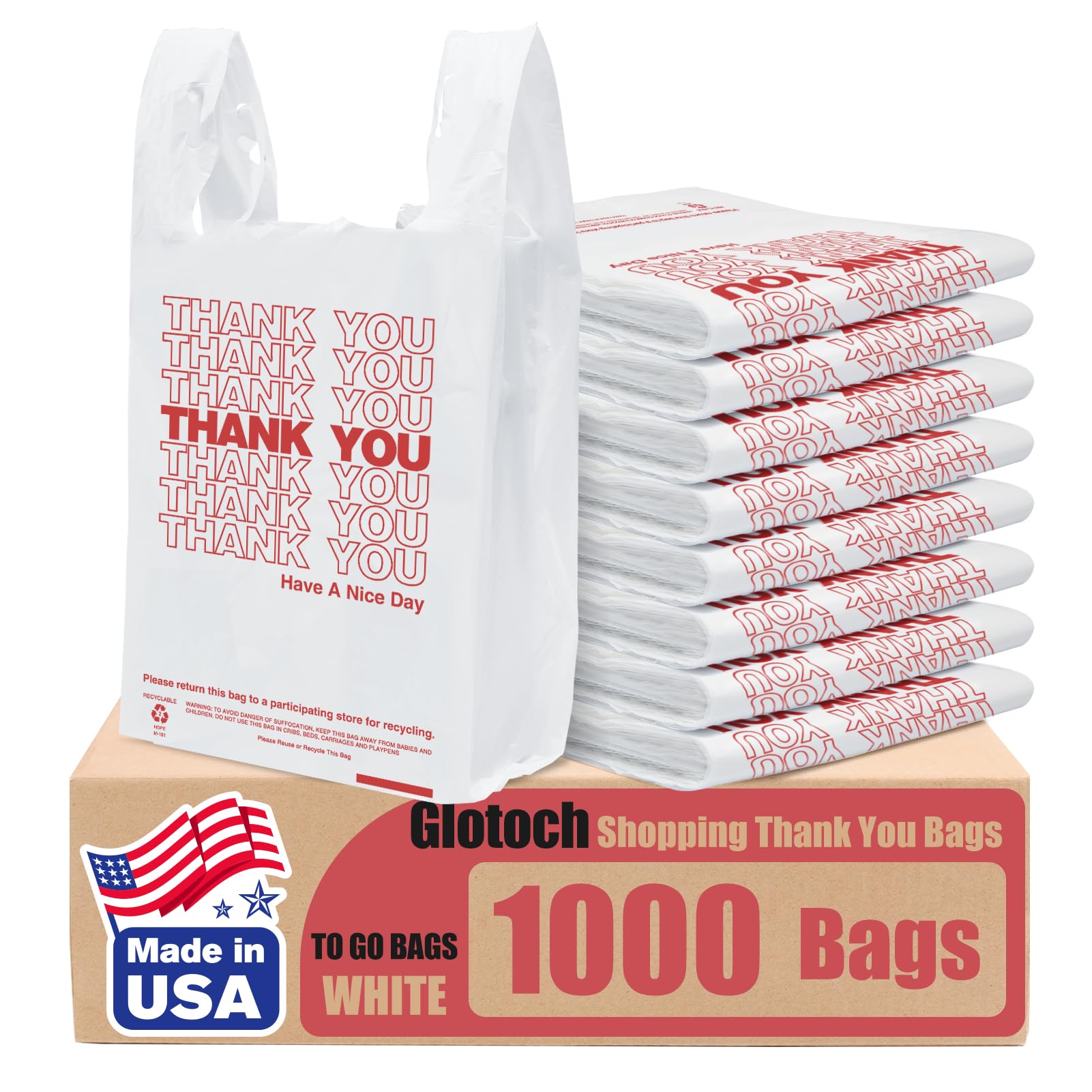 Glotoch Plastic Thank You Bags 1000 Count, 11.5" x 6.5" x 21" White Grocery Bags with Handles for Restaurant, Retail, Grocery Store, Takeout,