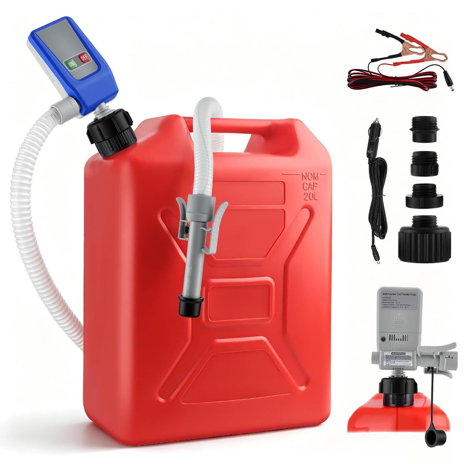 Pompa per carburante da 12V, pompa elettrica per benzina con sensore di arresto automatico e 4 adattatori, pompa diesel portatile per taniche, più fonti di alimentazione (batteria auto/AA), testa