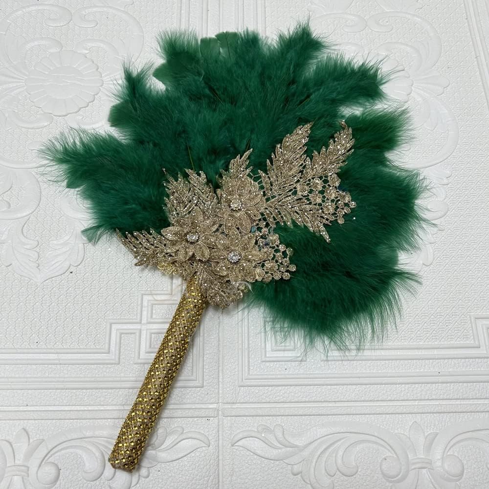 African Feather Fan 1pcs African Green Turkey Feather Hand Fan Handmade Fans for Wedding Decoration Hand Fan with Flowers Single Side Feather Fan