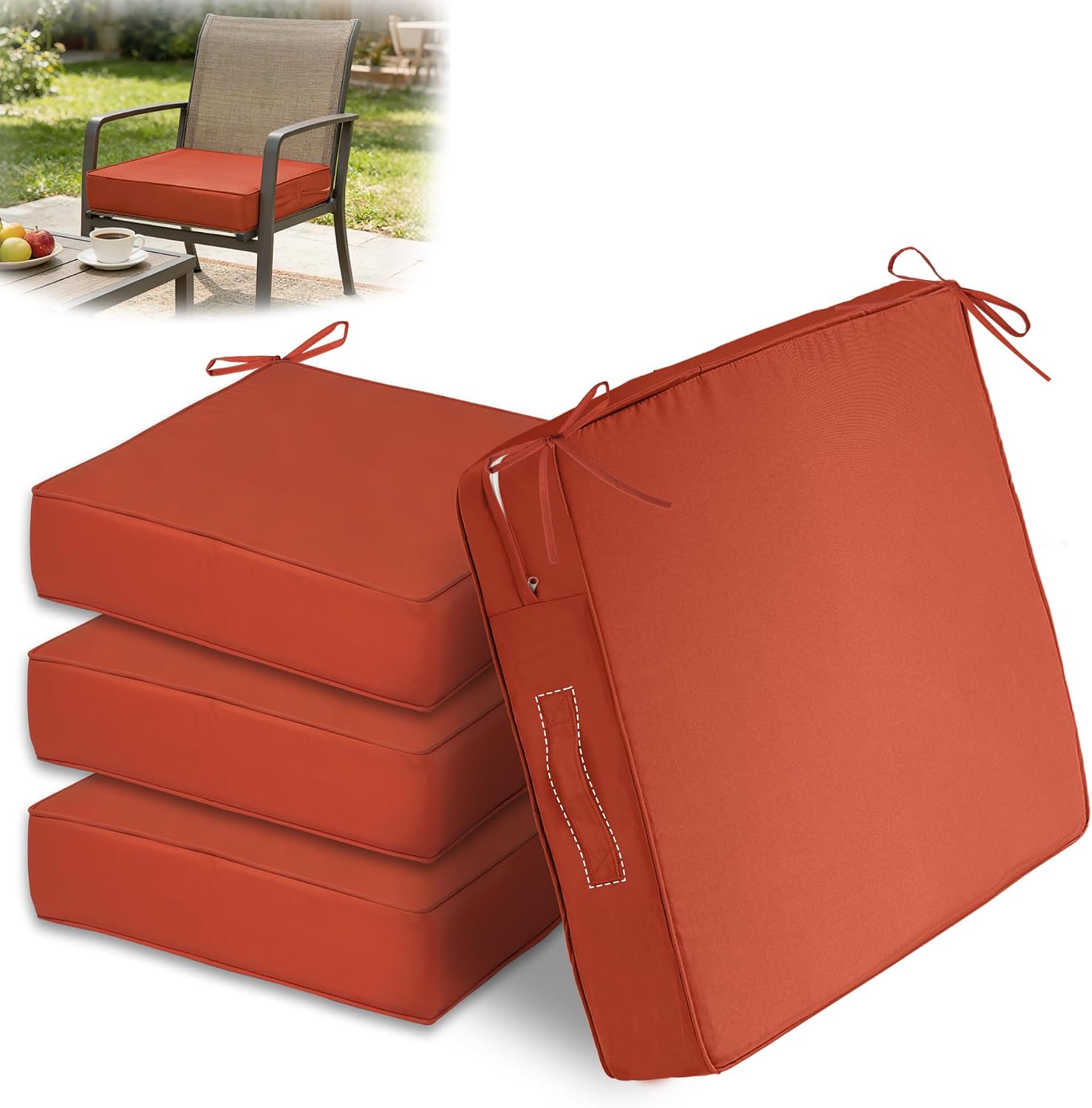 19x17 inch Outdoor Chair Cushions Set of 4,Light Gray Patio Chair Cushion with Handle and Ties,Water-Resistant High Density Foam Outdoor Seat Cushion with Removable Cover,4" Thick