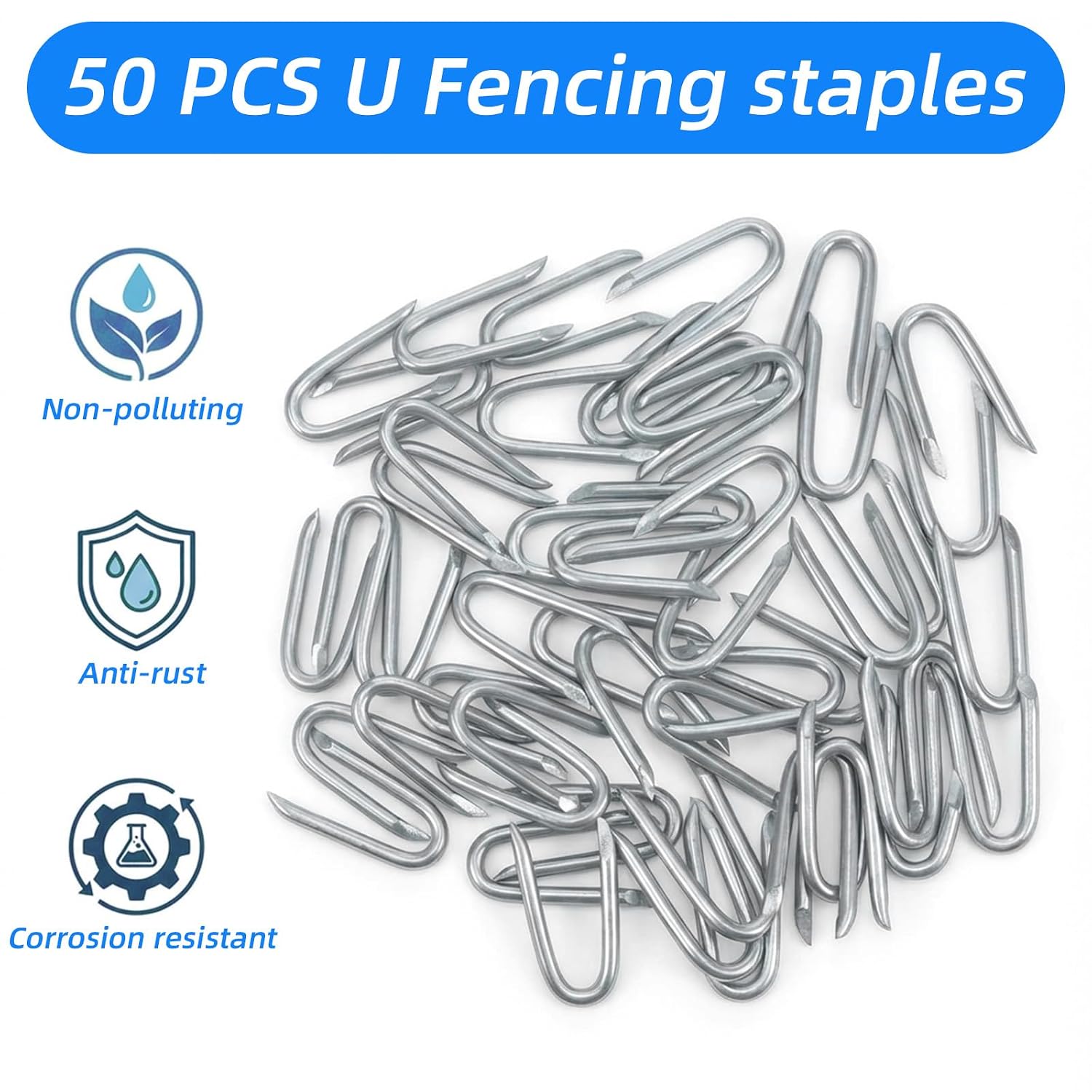 50PCS Fence Staples for Wire Fencing, Wires Fencing Staples Fasteners 1.38 Inch U-Shaped Wire Nails Double Pointed for Wood Garden Barbed Chicken Wires Hardware