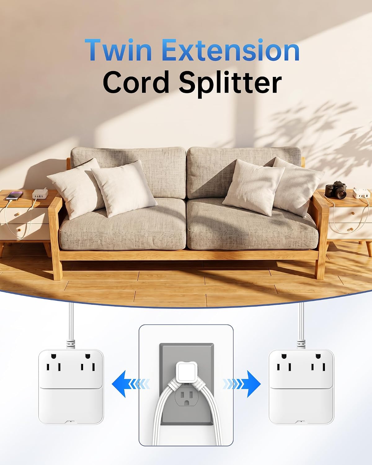 Split Extension Cord 12FT Flat Plug Twin Power Strip 6ft Power Splitter on Each Side with 4 AC Outlets, 2 USB-A & USB-C, Nightstand Charging Station for Bedroom Dorm Room Home