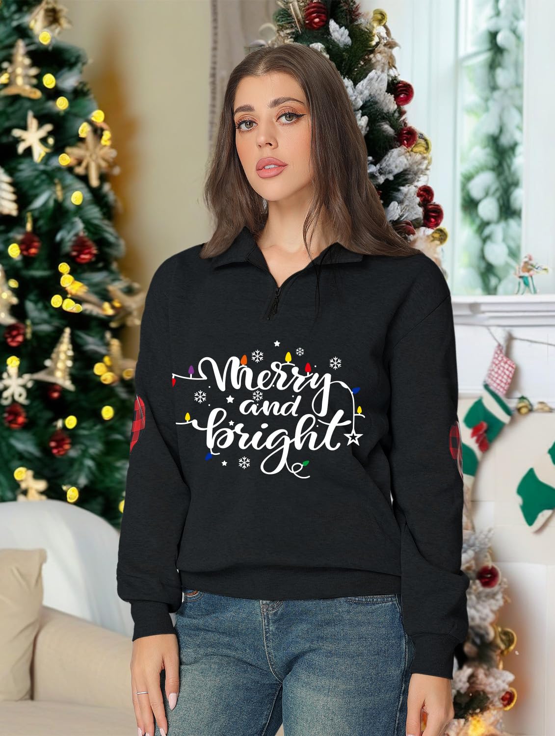 Glimnerize Christmas Womens Xmas Pullover Sweatshirt Funny Graphic Christmas Jumper 1/4 Zip Standing Collar Gnome Hoodie Black-A2 XXL - Image 4