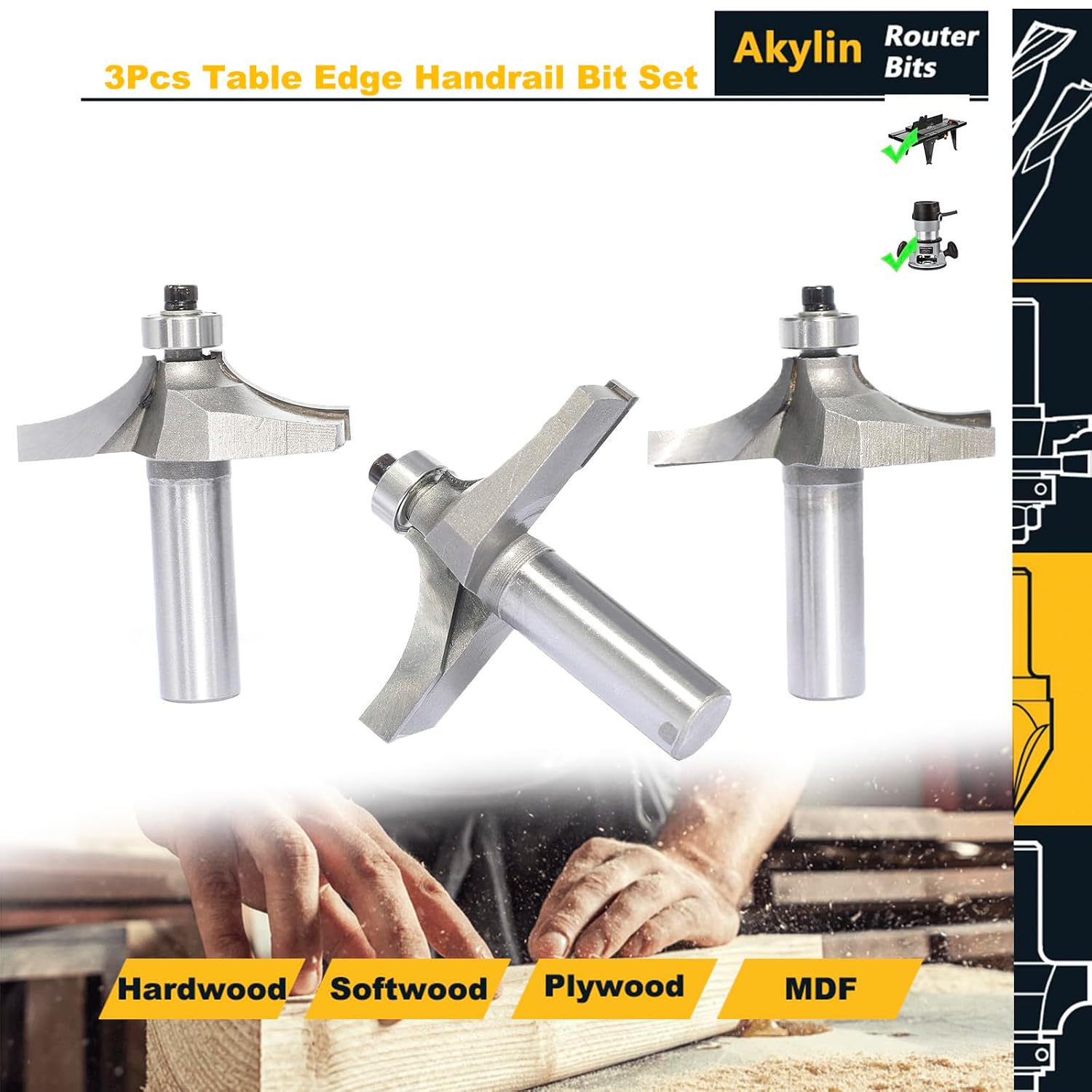 3Pcs Table Edge and Handrail Router Bit,1/2 Inch Shank, Cutting Depth 3/4",7/8",1" Thumbnail Edge Cutters, Carbide Tipped 2 Flute, for Table Wood Profiling,Molding,Edging