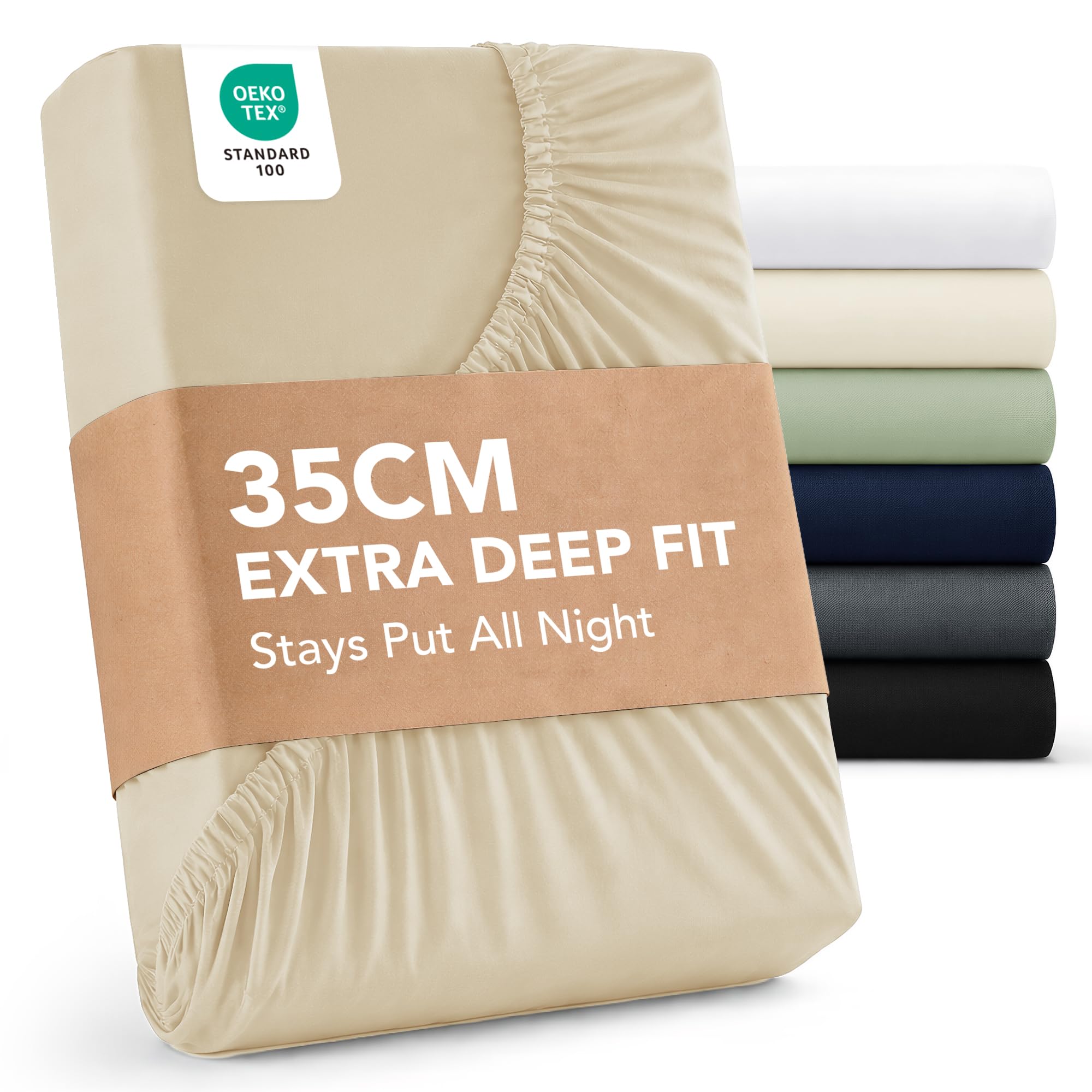 Deconovo Fitted Sheet Single Bed Beige 35cm Deep - Fully Elasticated Fitted Bed Sheet Ultra Soft Brushed Mricrofibre Fabric OEKO-TEX Certified Bottom Sheet Shrink Resistant and Breathable