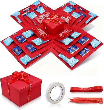 Zourglow 5 Layer Creative Explosion Gift Box, Surprise Gift Box Explosion with Ribbon and Double-Sided Tape, DIY Snack Explosion Box for Birthday, Anniversary, Valentine's Day, Wedding, Red