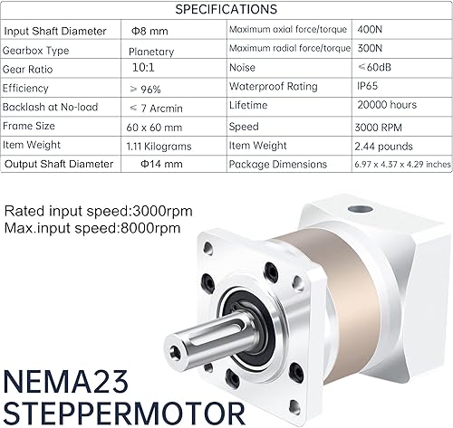 Miniatura 9 de CNCTOPBAOS Nema23 Motor paso a paso Caja de engranajes planetaria 7 Reductor de velocidad de arco mínimo Relación reductor de engranajes 51 para eje