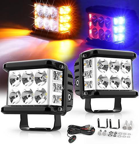 NAOEVO Cápsulas de luz LED estroboscópica de 4 pulgadas, disparador lateral ámbar, blanco, azul y rojo, 6 modos, luz todoterreno de 60W con función