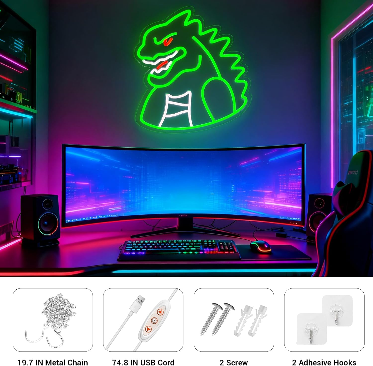 Monster Neon Sign Lights for Wall Decor, Dinosaur LED Sign for Room and Man Cave Decor, Dimmable Powered LED Signs for Boys Bedroom, Party, Birthday, Christmas Gift - Image 4