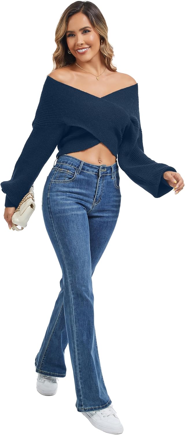 Sixstar V Neck Batwing Cute Cropped Sweater for Women Cross Wrap Front Sexy Lightweight Soft Knitted Short Pullover Jumper - Image 4