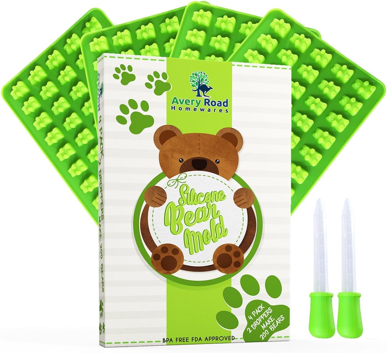 Avery Road Homewares Silicone Gummy Bear Molds - 4 Pack, 2 Bonus Droppers & Recipe PDF - 200 Gummies - Green