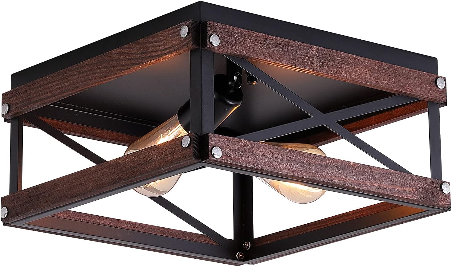 2-Light Rustic Flush Mount Ceiling Light Fixture, Farmhouse Industrial Ceiling Light, Retro Vintage Ceiling Lamp for Hallway, Entryway, Bedroom, Balcony, Farmhouse, Dining Room, Black Wood