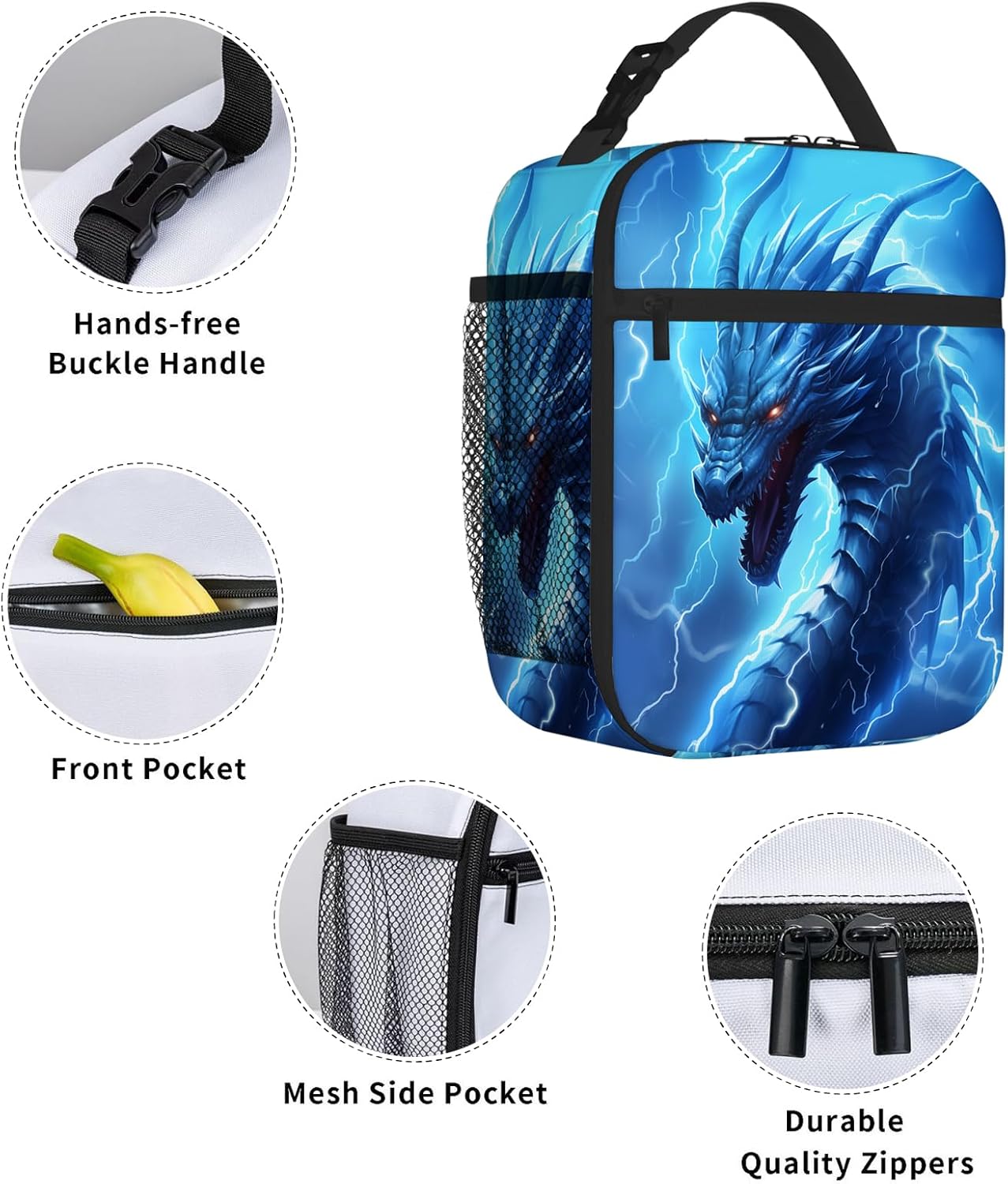 Dragon Lunch Box for Boys Kids Men, Cool Lightning Dragon Blue Lunch Cooler Bag, Funny Dragons Pattern Boys Insulated Lunchbox, Reusable Leakproof Portable Meal Handbags for Work School - Image 5