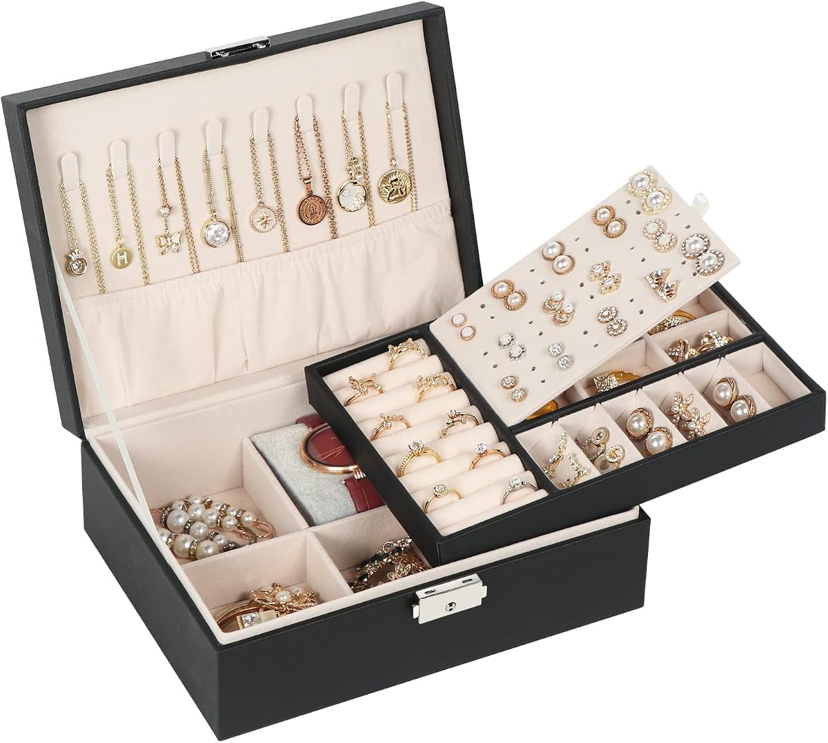 Jewelry Box for Women Girls, 2 Layers Jewelry Organizer Container with Lock, PU Leather Storage Case with Removable Tray, Jewelry Display Box for Necklaces Earrings Bracelets Rings Watches - Black