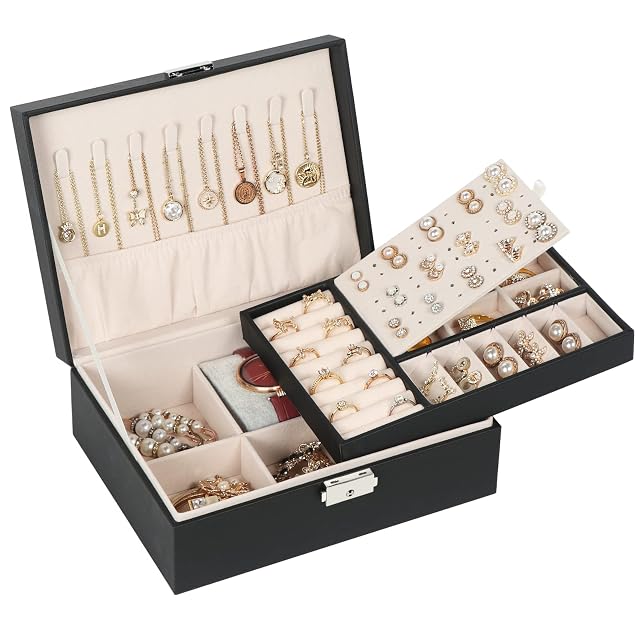 Jewelry Box for Women Girls 2 Layers Jewelry Organizer Container with Lock PU Leather Storage Case with Removable