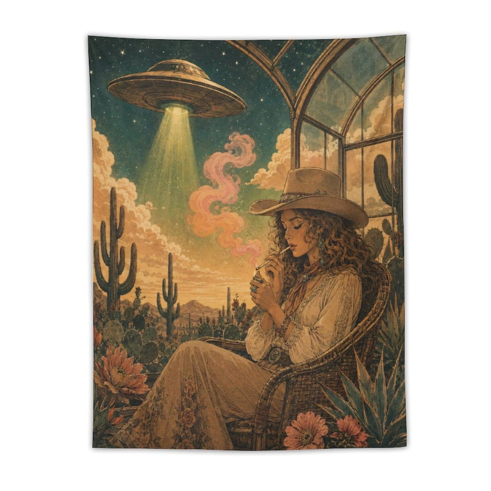 W7C8U2X3 UFO Cowgirl Cactus Garden Wall Tapestry, Retro Sci Fi