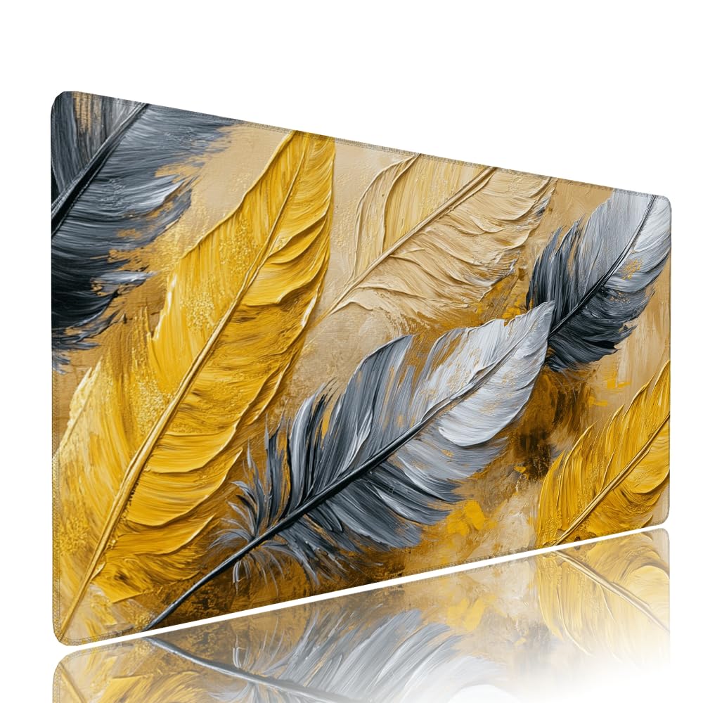 Alfombrilla de Mouse para Juegos, Giallo, XXL, Antideslizante, Impermeable, Diseño de Piuma, Extendido, Grande, 1400x600x3mm, para PC, Laptop, Ufficio, Famiglia d-640