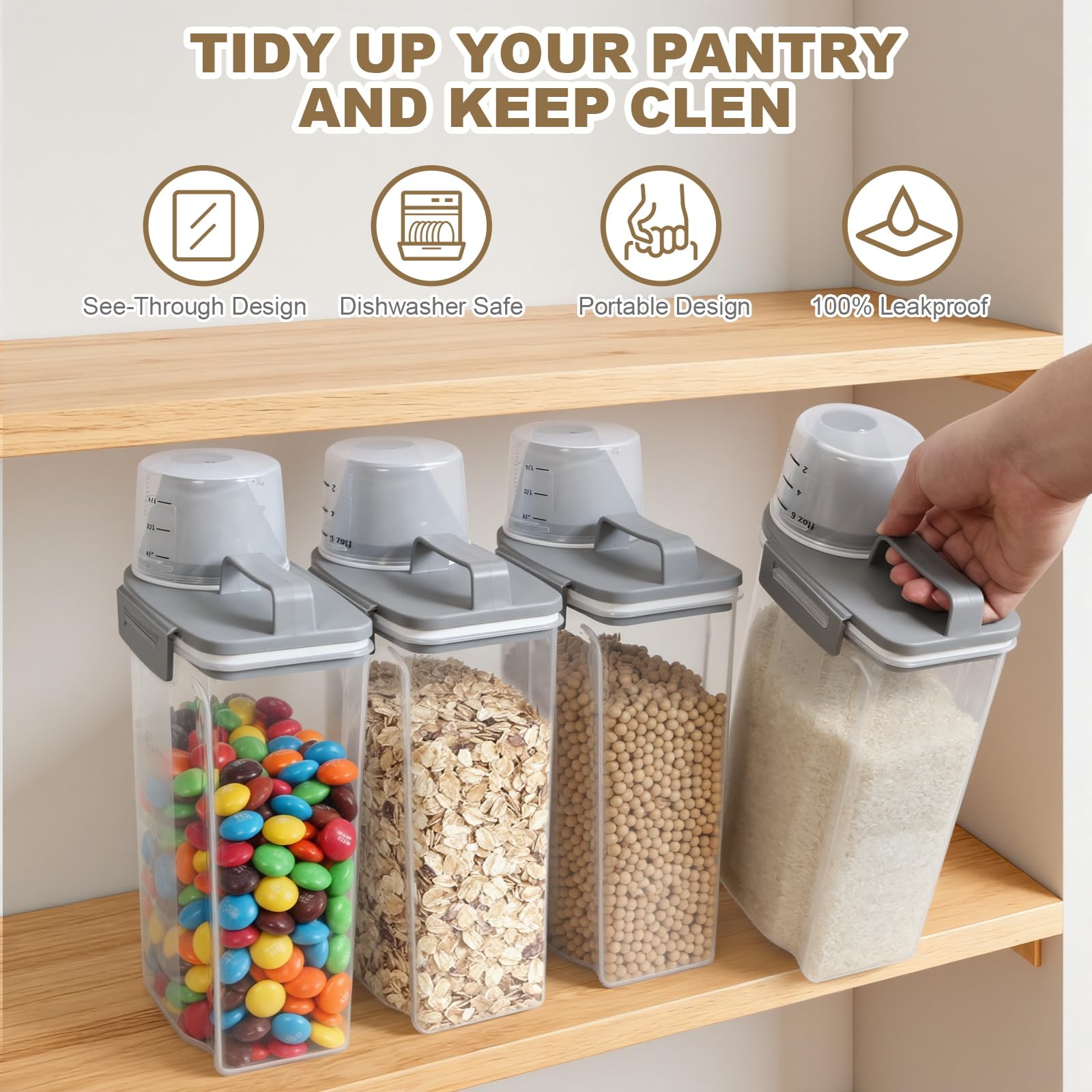 TBMax Contenitore per riso da 2 l/5 l, piccolo contenitore per alimenti per fagioli, farina, detersivo in polvere, contenitore portatile per cereali con coperchio (2 l, grigio chiaro)