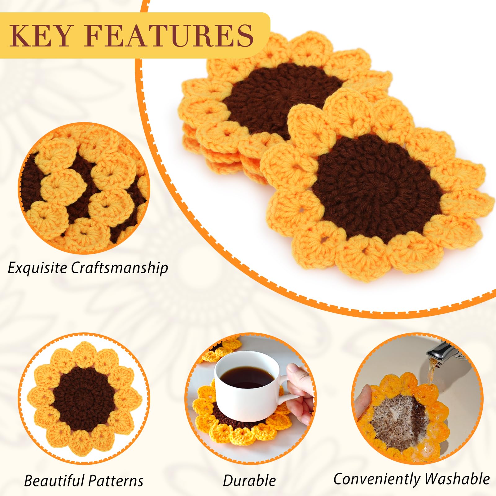 kilofly Set di 4 sottobicchieri all'uncinetto a forma di girasole per bevande, 13 cm, centrini fatti a mano