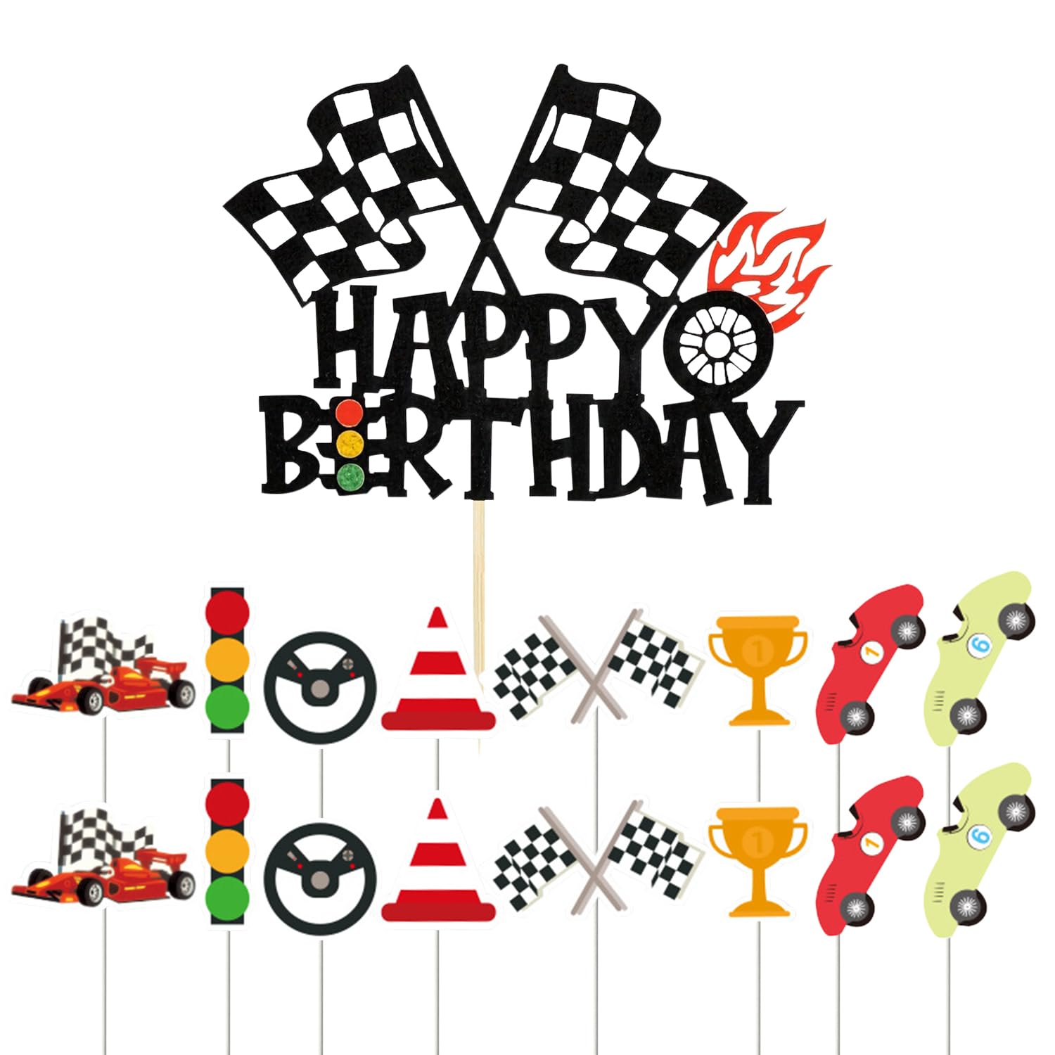 Rnskfg As Shown In The Picture 17 Pieces Racing Themed Card Inserts, Cartoon Fun Card Inserts, Birthday Party Decorations, Cake Accessories, Children's Party Supplies.