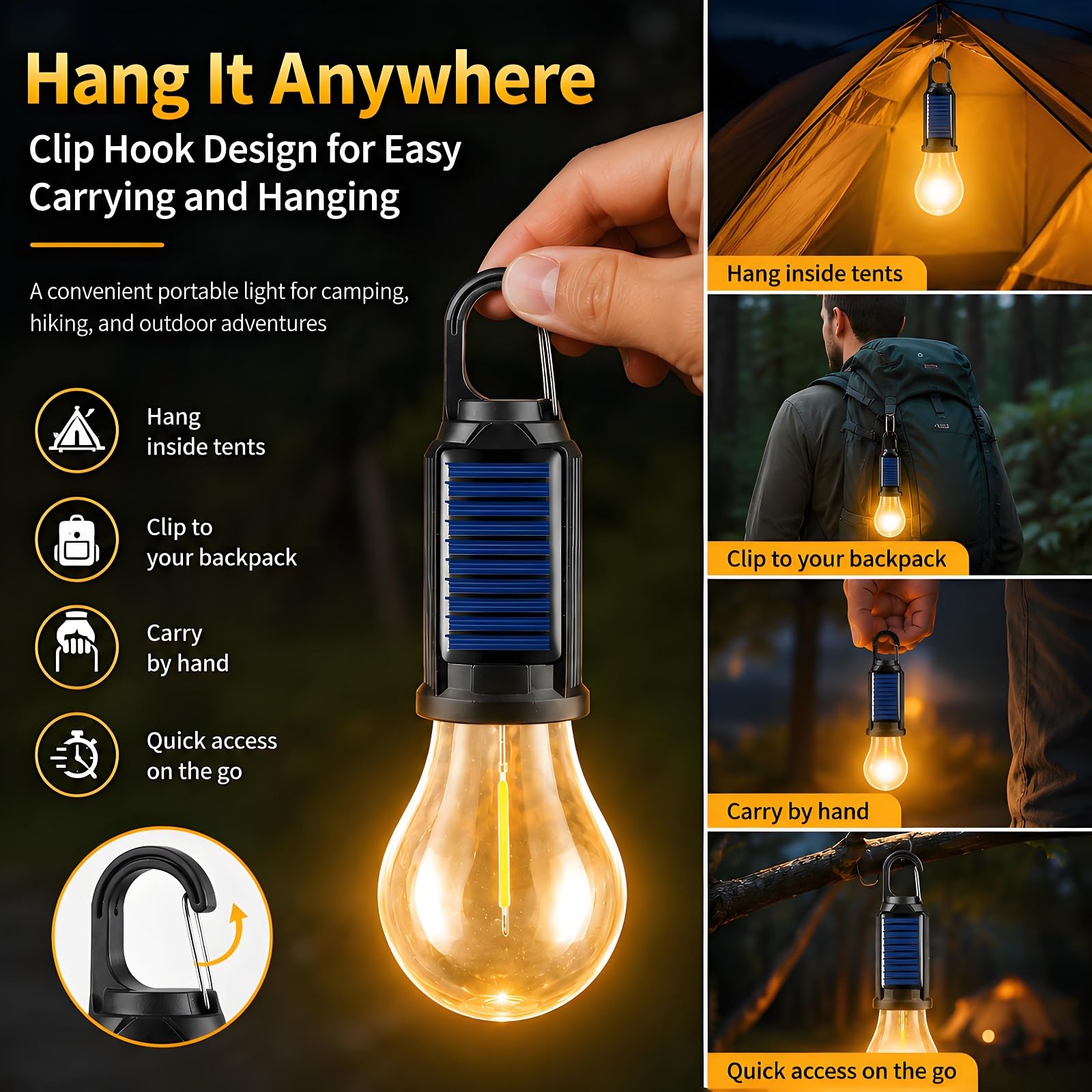 Paquete de 5 luces solares recargables para tienda de campaña, linterna LED para acampar al aire libre con gancho de clip para decoración de camping, senderismo, pesca, emergencia, linterna