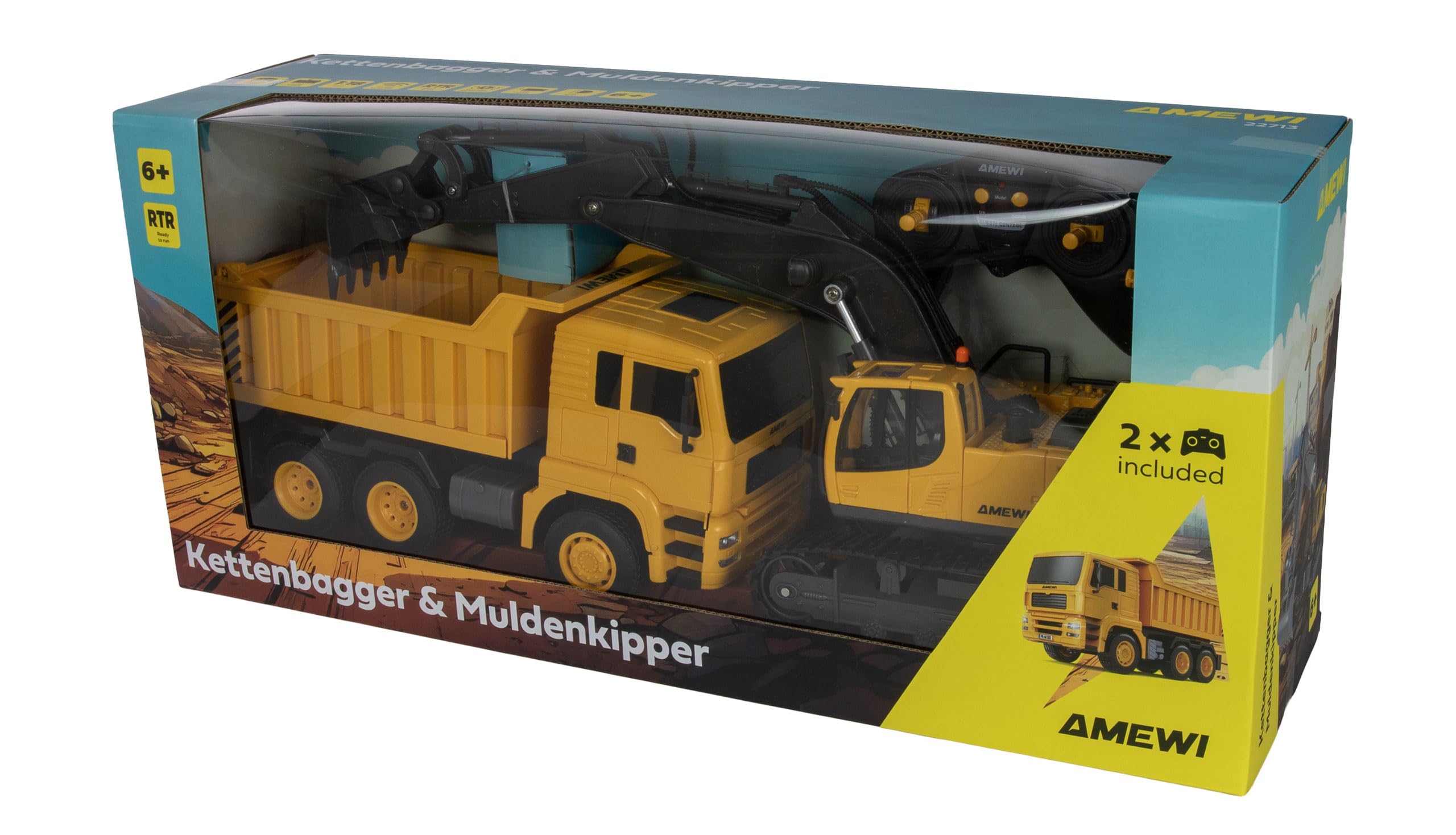 Amewi Zestaw 2 w 1 koparka łańcuchowa i wywrotka 1:18 RTR zdalnie sterowana RC dla dzieci od 6 lat, żółty