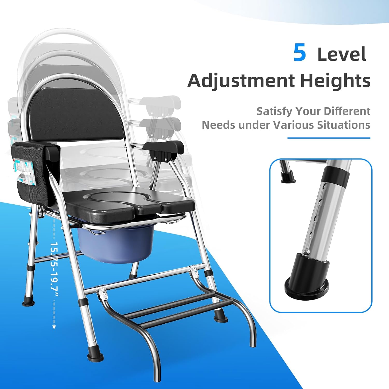 Folding Bedside Commode Chair for Elderly with Adjustable Height, Toilet Seat with Footrest and Soft PU Seat Cushion, Adults Potty Chair with Storage Cloth Bag for Seniors, Disabled (Black)