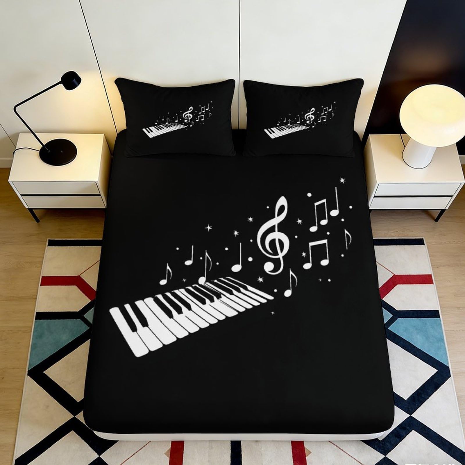 3D Printed Musical Keyboard Fitted Sheet Microfiber Soft Breathable Music Notes Bed Cover for Bedroom Dormitory Guest Room Mattress Protection Decor 160x200x25cm