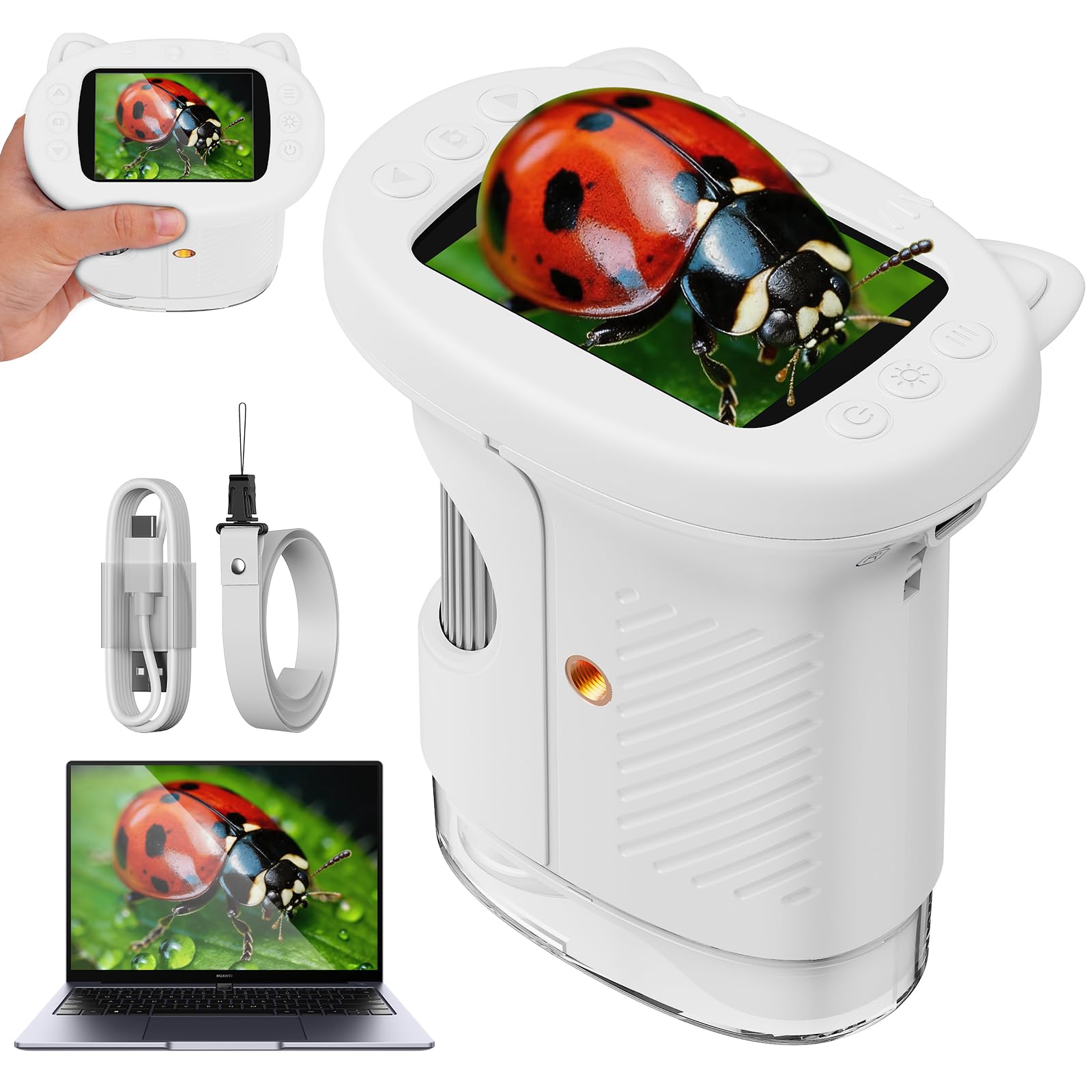 Microscope Portable pour Enfants, Microscope Numérique 1000x avec Écran IPS 2,4 Pouces, Fonction Photo et Compatible PC, Microscope pour Jardin, Forêt et Activités en Plein Air (Blanc)