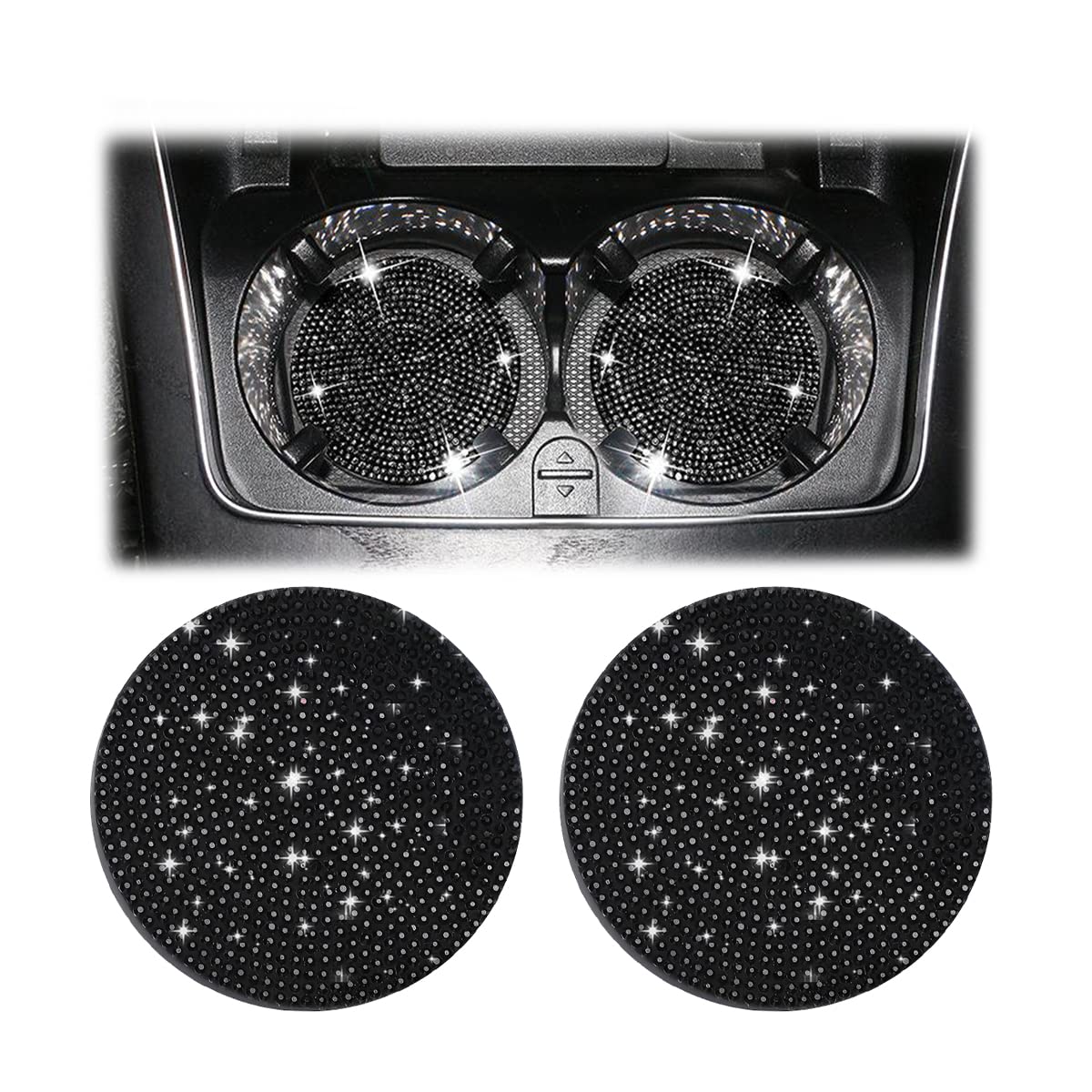 CGEAMDY 2PCS Bling Car Cup Holder, Car Drink Holders, Universal Rhinestone Decoration Drink Mat, Glitter Crystal Shockproof Cup Pad, Anti-Slip Car Cup Holder Coaster for Ladies and Girls (Black)