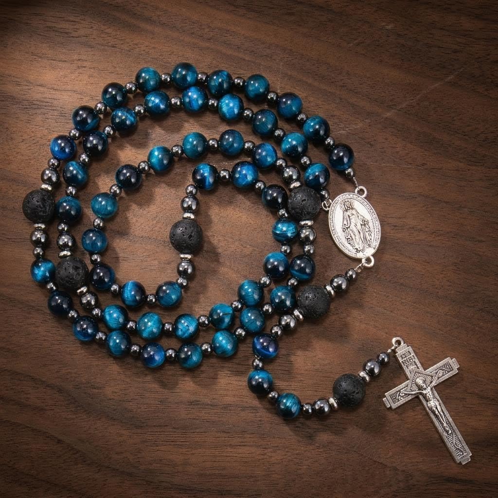 Nazareth Store Blue Tiger Eye Rosary Beads, Handmade Catholic Rosary Necklace with Lava Stone Beads and Our Father Crucifix, Five Decade Prayer Rosary, Religious Gift