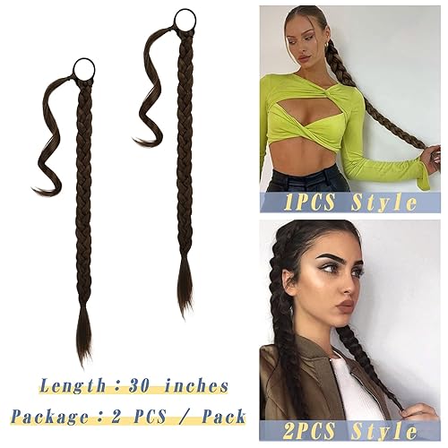 Miniatura 16 de BARSDAR 30 Inch Long Braided Ponytail Extension with Hair Tie - Straight Sleek Wrap Around Brown Braided Ponytail Hair Extensions - Synthetic Pony