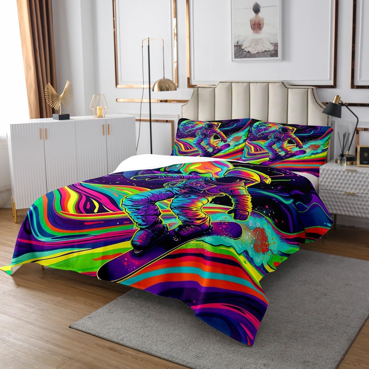 Homewish Astronaut Bedspread King,Skateboard Sports Bedding Set 3Pcs Kids Girls Boys Room Decor,Colorful Rainbow Galaxy Universe Comforter Set Trippy Hippie Style Quilt Coverlet,2 Pillowcases