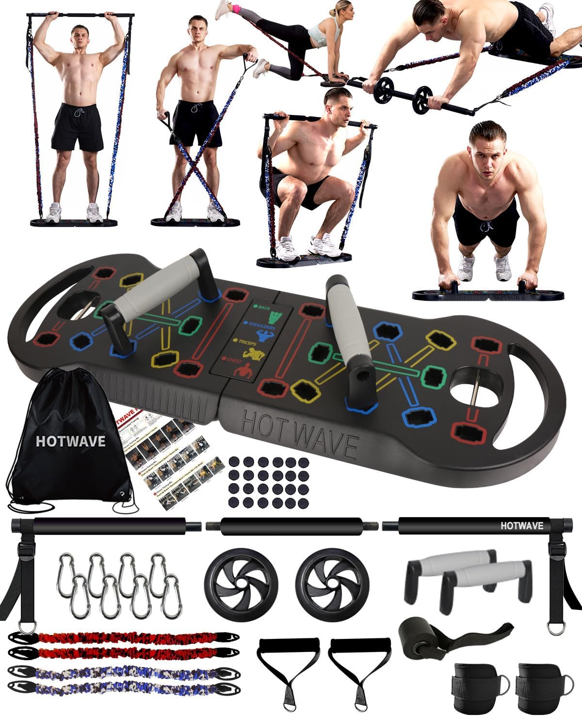 HOTWAVEUltimate Portable Home Gym with 16 Fitness Accessories,Push Up Board with Resistance Bands,Ab Roller Wheel,Home Workout Equipment for Men and Women