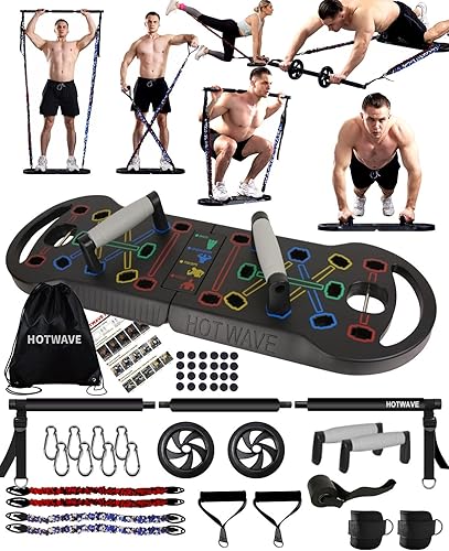 HOTWAVE Gimnasio portátil en casa con 16 accesorios de fitness tabla plegable 20 en 1 bandas de resistencia con rueda de rodillo abdominal