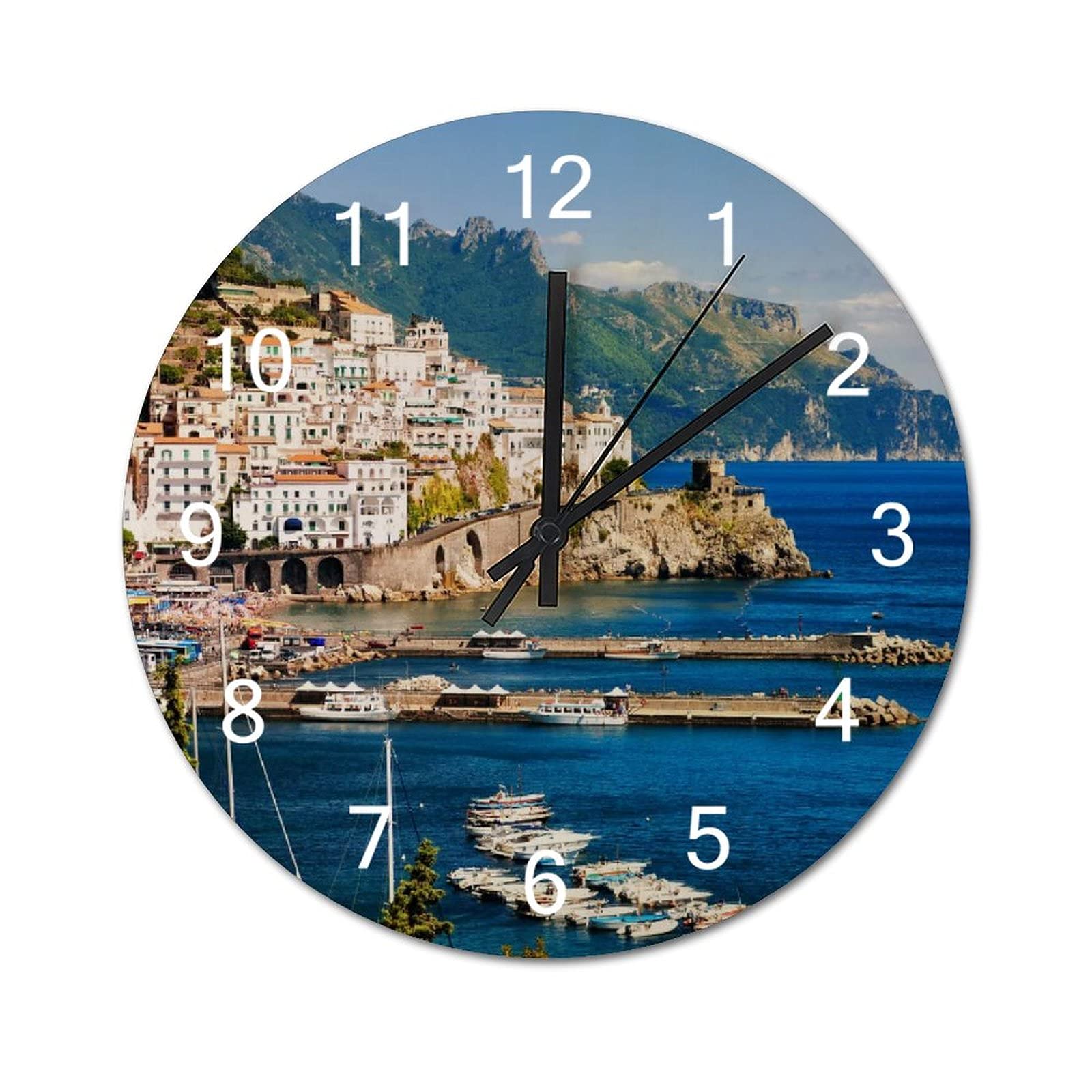 Wall Clock Italy Coast Houses Marinas Amalfi Crag Wooden Wall Clock Battery Operated Farmhouse Clocks Wall Decor Home Decor for Living Room Kitchen Home Bathroom Bedroom 12 Inch