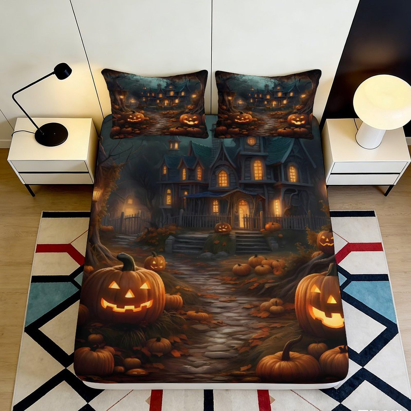 Pnayamiorkfel Style-3 3D Printed Halloween Haunted House Fitted Sheet Microfiber Pumpkin Bed Cover Non Slip Easy Care For Bedroom Guest Room 90X200x25cm