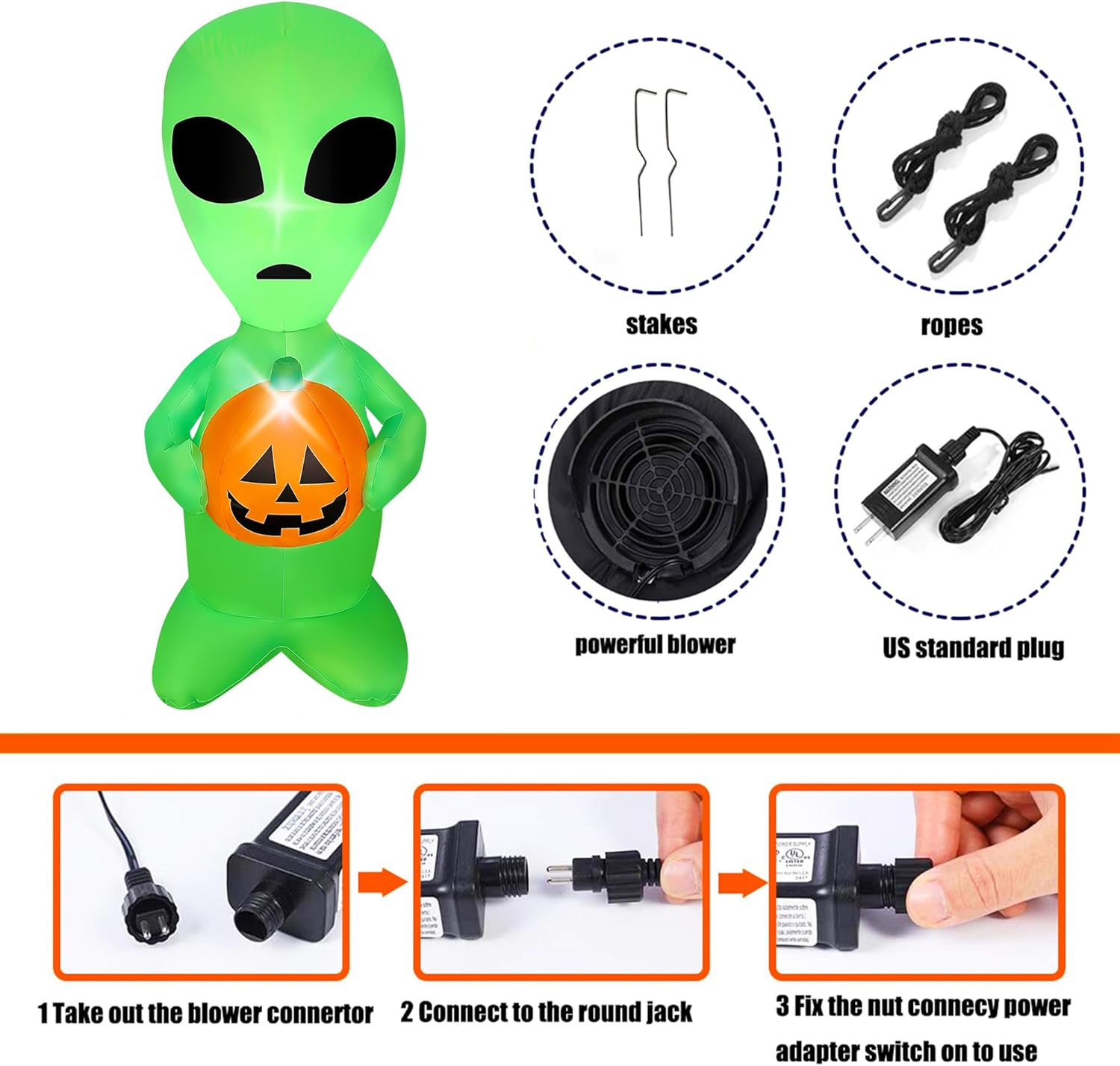 4 FT Halloween Inflatable Alien with Pumpkin Decorations LED Lighted Halloween Blow Ups for Halloween Party Indoor Outdoor Garden Yard Decor