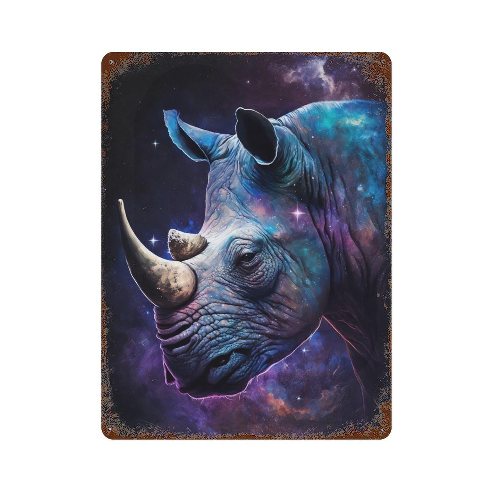 Garage Style Galactic Rhino Portrait-7 Aged Metal Wall Plaque 15.7"x11.8", Vintage Wall Decor for Bar And Workshop