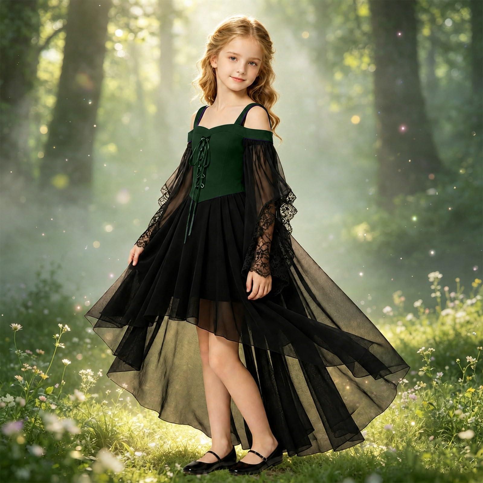 Vokuhila - Vestito medievale per Halloween, per bambine, gotico, cosplay | Vestito da principessa per bambini, a maniche lunghe, con spalle scoperte, in pizzo, stile vittoriano, vampiro, carnevale