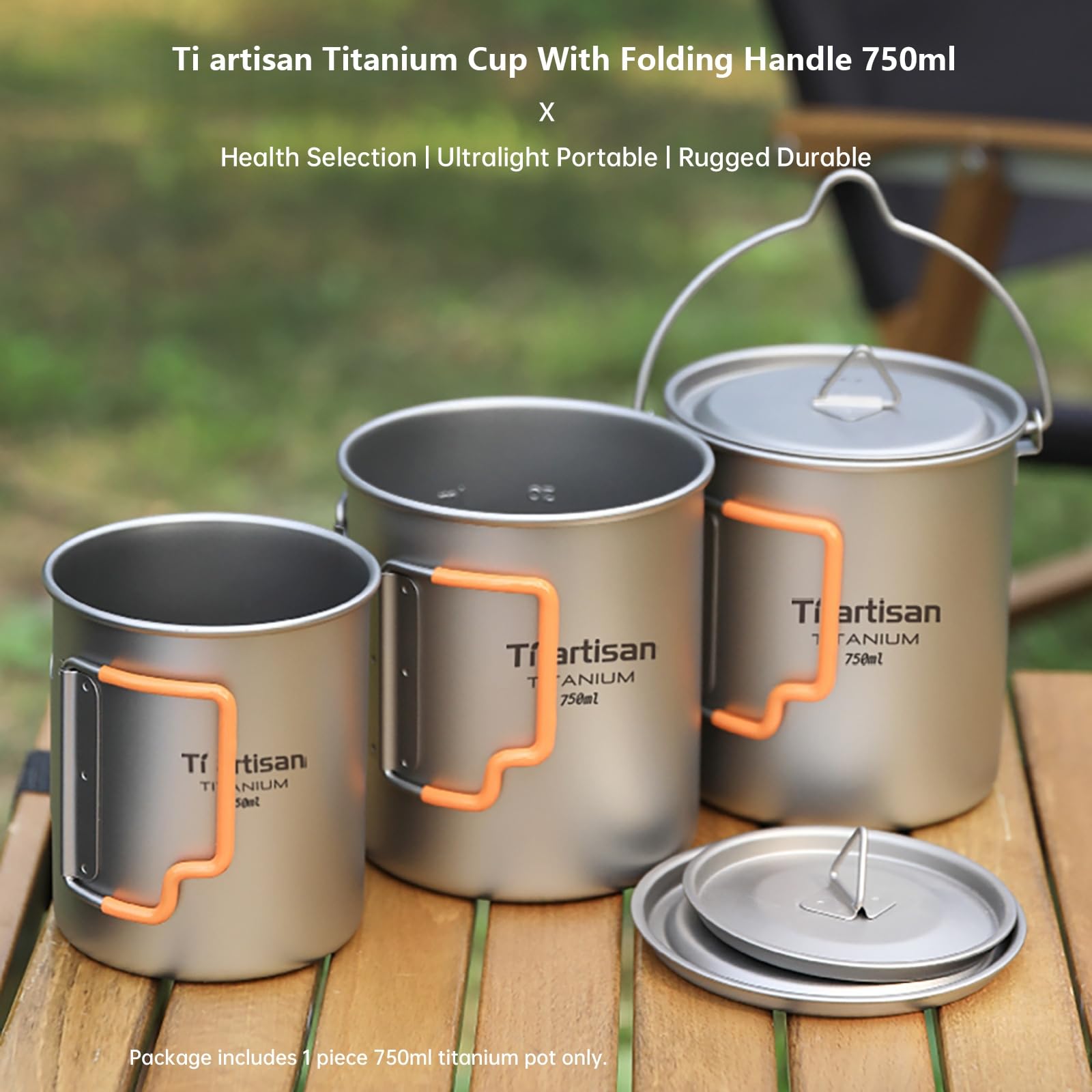 Ti artisan Taza de titanio para camping, portátil, ultraligera, 450 ml/750 ml, agua con asas plegables y tapa para acampar al aire libre, senderismo, mochileros (750 ml)
