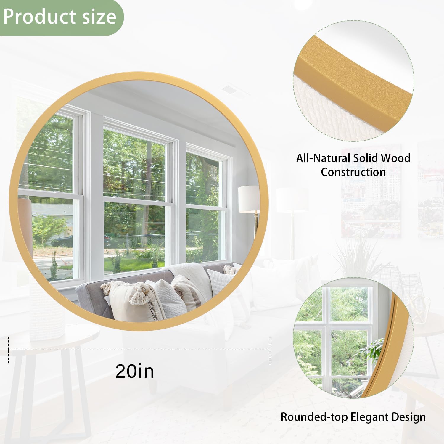 JJUUYOU Wall Mirror 20 Inch Round Wall Mirror for Bathroom Antique Circular Mirrors Washroom Wall Decor Wood Frame Mirrors for Living Room Bedroom Dorm Decorative