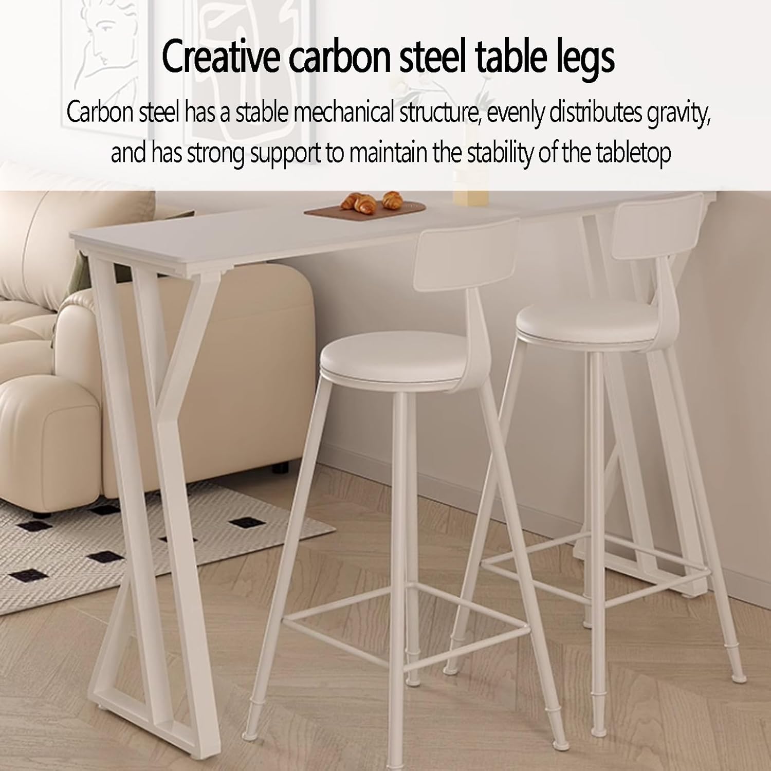 Modern White Rock Standing Bar Table - Counter Height Kitchen Dining Table with Carbon Steel Bracket, Narrow Rectangle Pub Table for Home Bar, Patio, Cocktail Table, No Stool (120