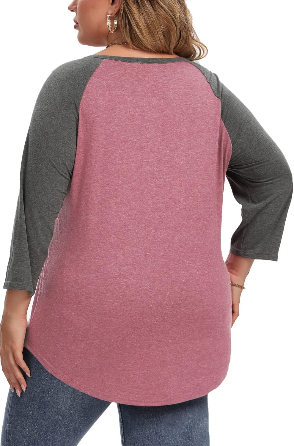 3/4 Sleeve Shirts for Women Plus Size Casual V Neck Blouses Color Block Henley Shirts - Image 5