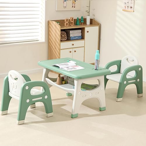 Juego de mesa y 2 sillas para niños, juego de mesa y sillas para niños pequeños con estante de almacenamiento integrado grande, mesa de actividades