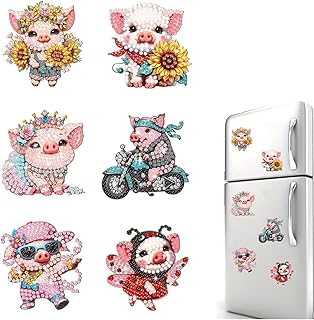 6pcs Diamond Art Magnet Kits for Adults, 5D Rhinestones Refrigerator Magnetic Stickers, DIY Rhinestone Art Crafts with Tools, Creative Fridge Decor Gift(Flower Pig)